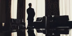 Business man stands before window room